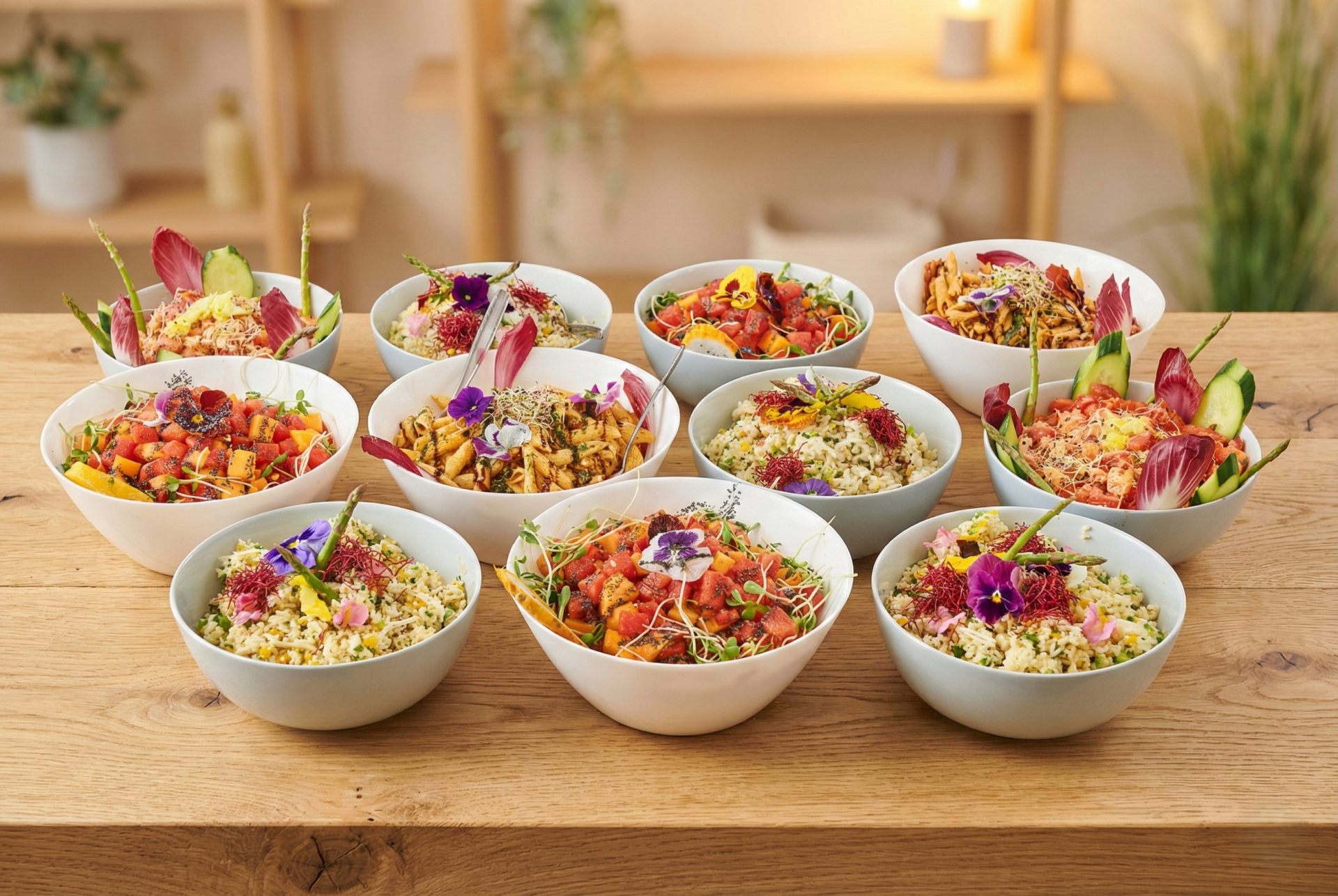 Assortiment de bowls traiteur végétariens aux légumes frais, céréales et fleurs comestibles.