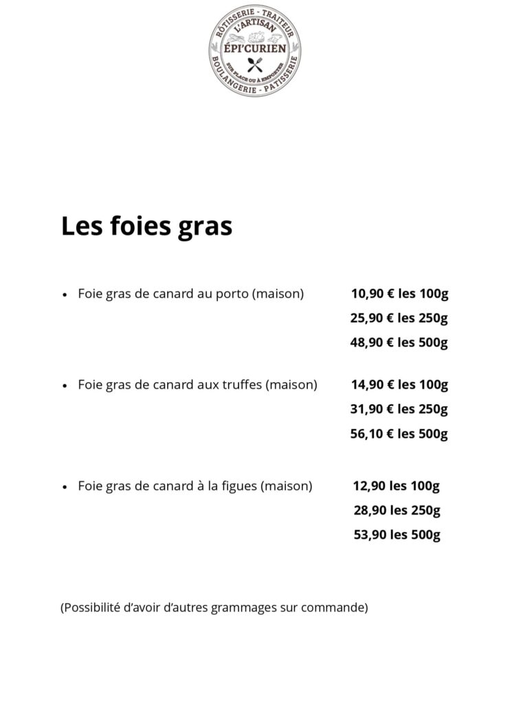 Menu traiteur “Les foies gras” présentant des foies gras de canard maison avec différentes saveurs et prix par grammage.