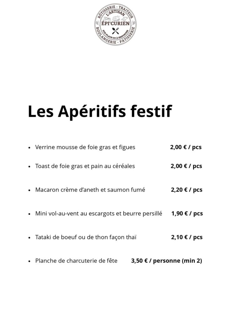 Menu traiteur “Les Apéritifs festifs” présentant une sélection de bouchées apéritives avec descriptions et prix.
