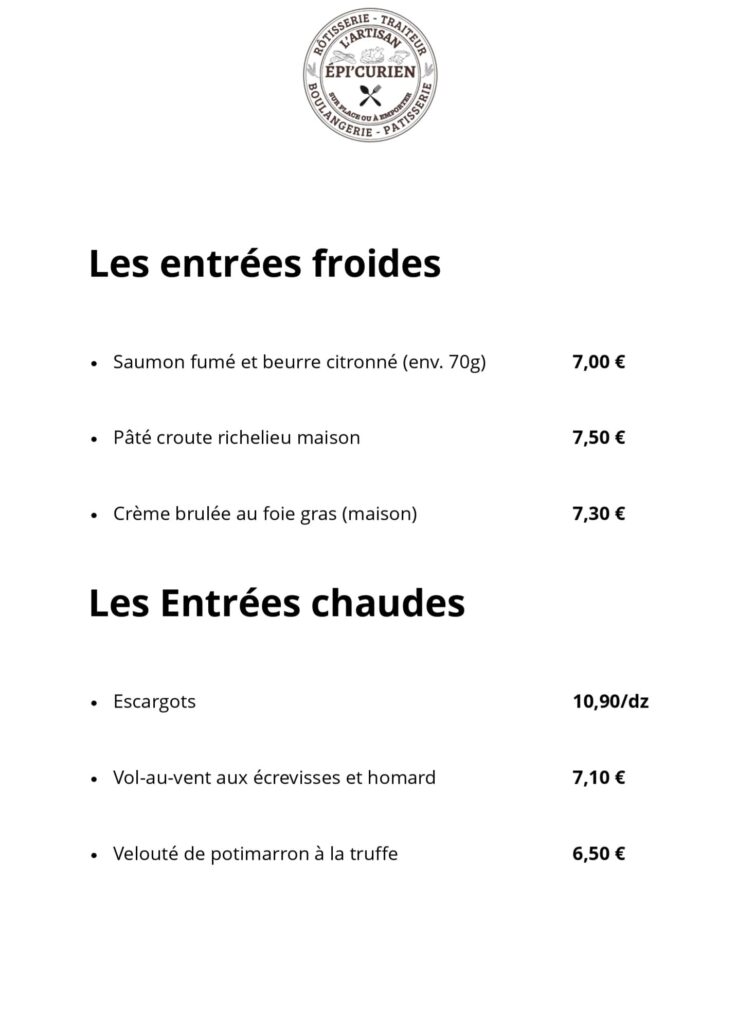 Menu traiteur des entrées présentant des entrées froides et chaudes avec tarifs.