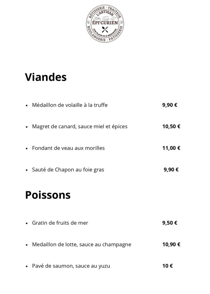 Menu traiteur des plats présentant une sélection de viandes et poissons avec tarifs.