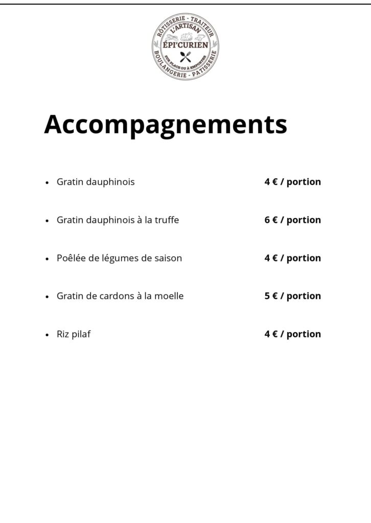 Menu traiteur des accompagnements présentant différents plats d’accompagnement avec prix par portion.