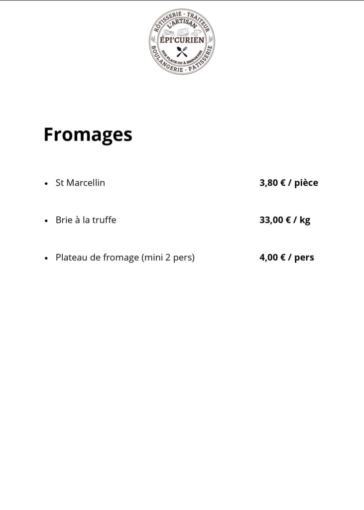 Menu traiteur fromages présentant une sélection de fromages et plateaux avec tarifs.