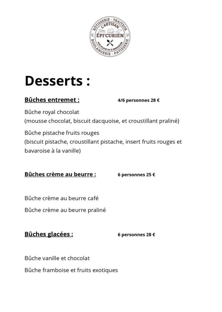 Menu desserts traiteur présentant une sélection de bûches de Noël avec différentes recettes et formats.