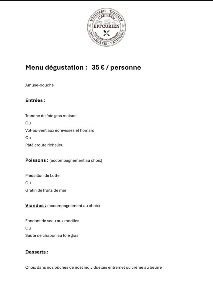 Menu dégustation traiteur à 35 € par personne présentant entrées, plats poisson ou viande et dessert.