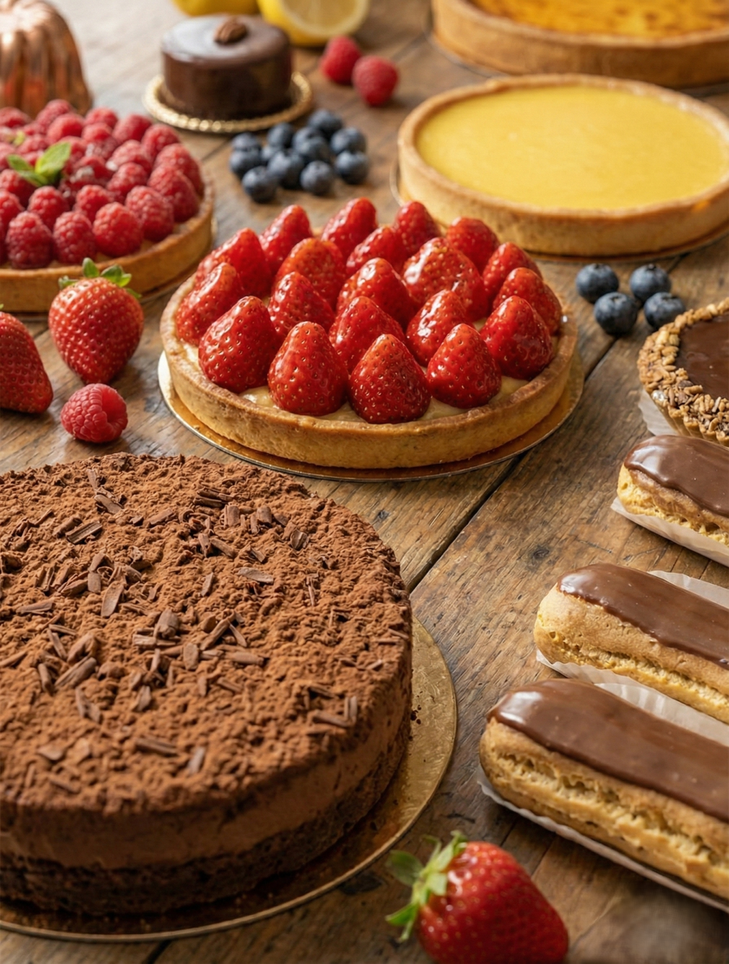 Assortiment de pâtisseries artisanales, dont tartes aux fruits, entremets au chocolat et éclairs faits maison