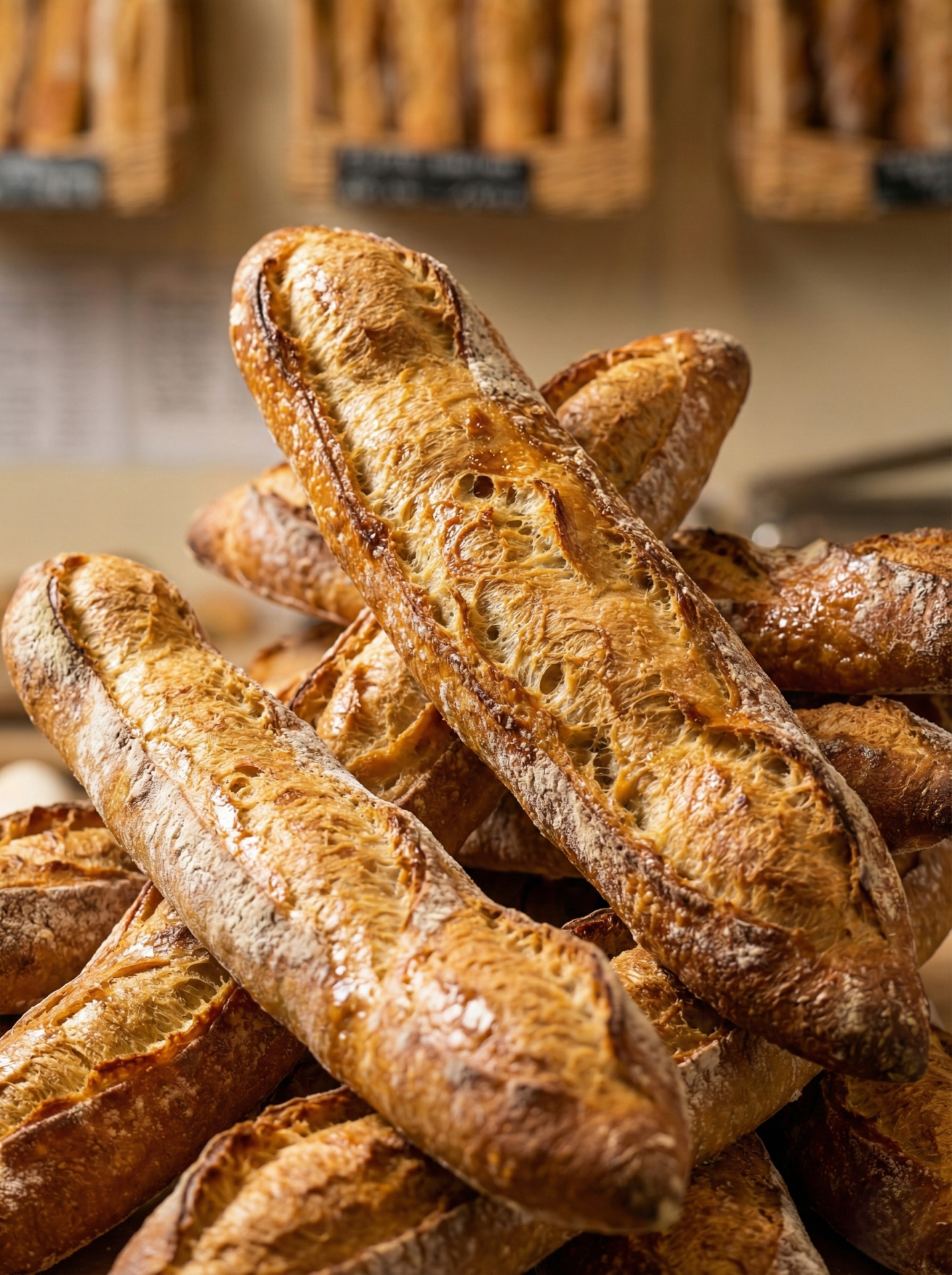 Baguettes artisanales dorées et croustillantes, empilées en boulangerie.
