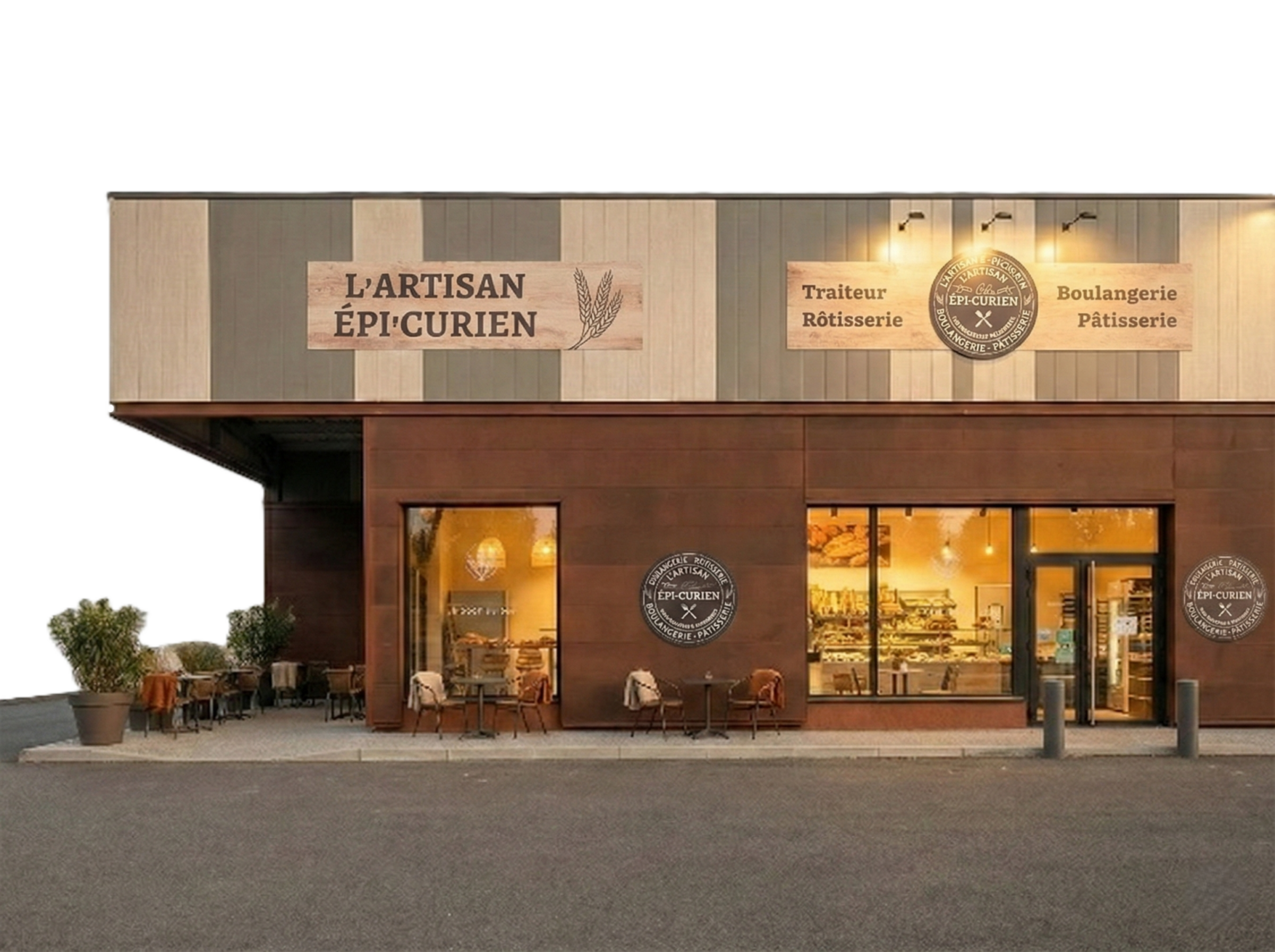 Façade du commerce L’Artisan Épicurien, traiteur, rôtisserie, boulangerie et pâtisserie.