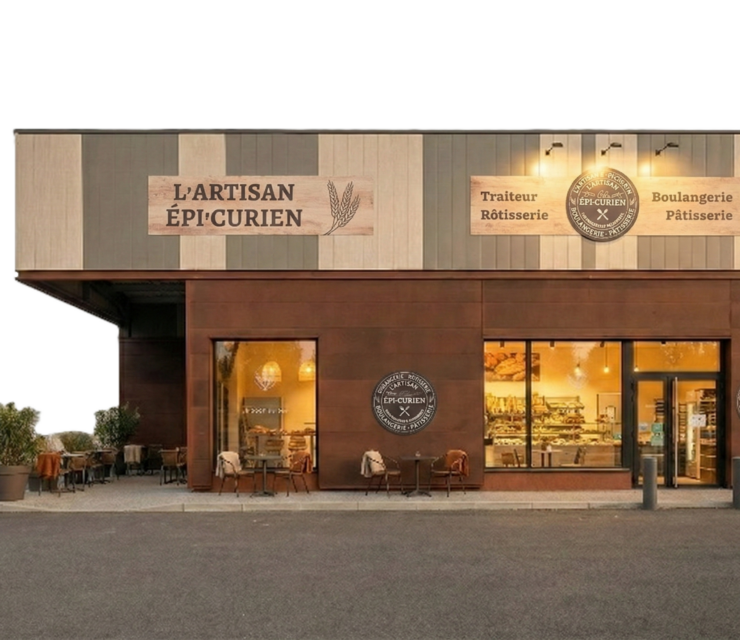 Façade du commerce L’Artisan Épicurien, traiteur, rôtisserie, boulangerie et pâtisserie.