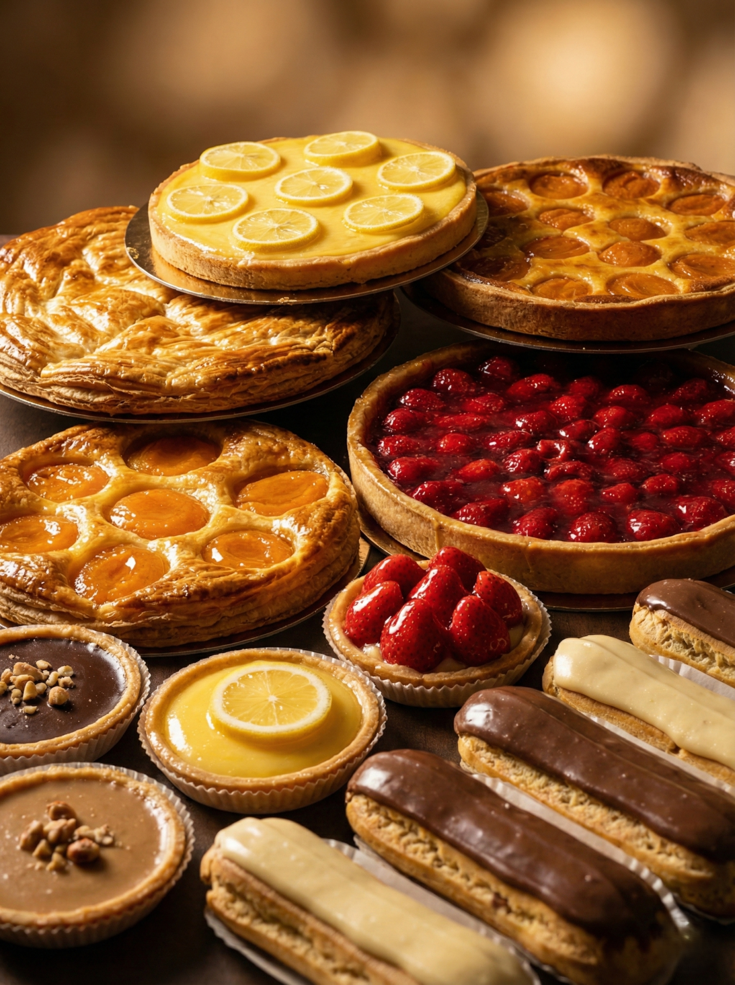 Assortiment de pâtisseries artisanales avec tartes aux fruits, éclairs au chocolat et tartelettes présentées sur une table.