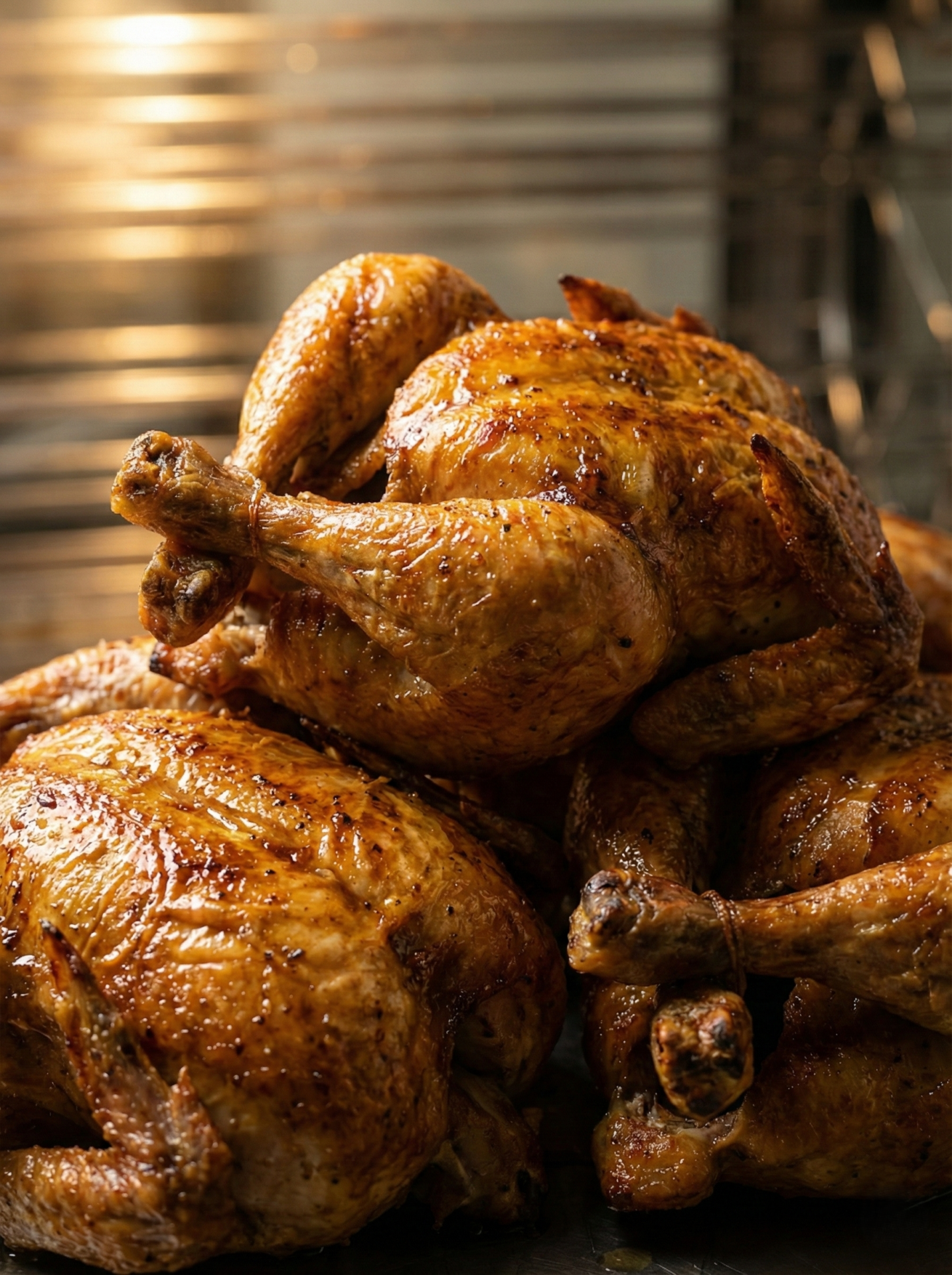 Poulets rôtis entiers présentés en rôtisserie de boulangerie traiteur.