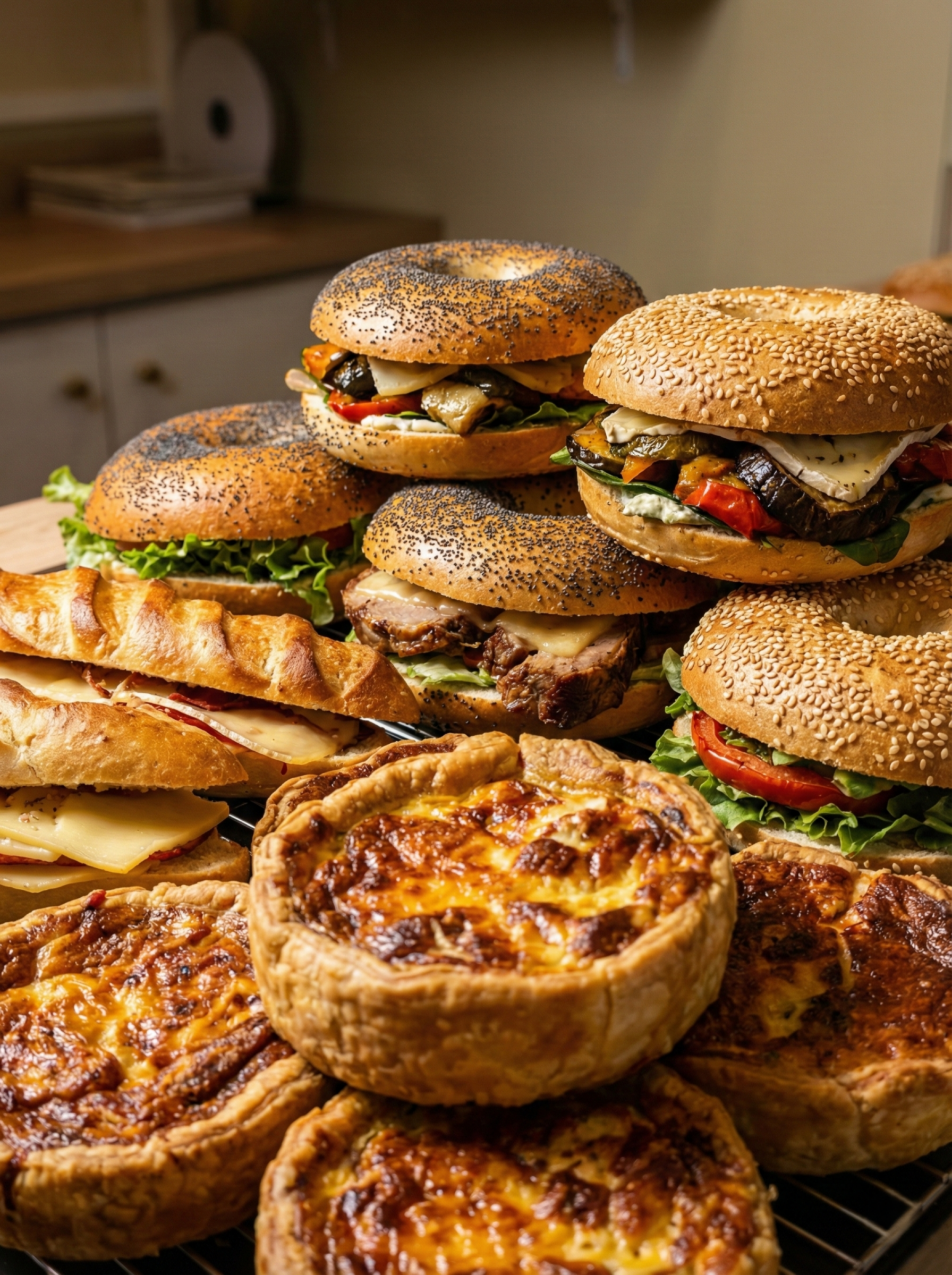 Assortiment de bagels, sandwichs et quiches présenté en boulangerie traiteur à civrieux d'azergues